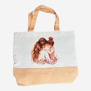 Large Canvas Tote Bag with Mother & Daughter Art | Hand Pressed | 17”x14”